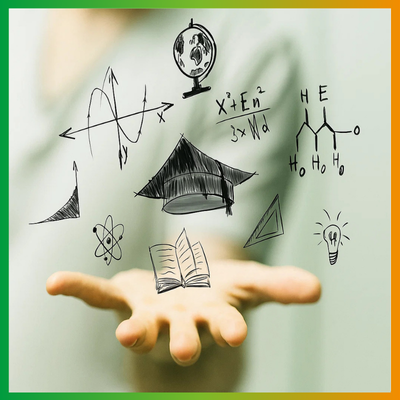 Hand mit schwebenden wissenschaftlichen Symbolen (Foto: KI-generiert)